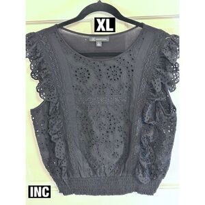 INC International Concepts Women's Black Eyelet Ruffled sides with Smocked Hem